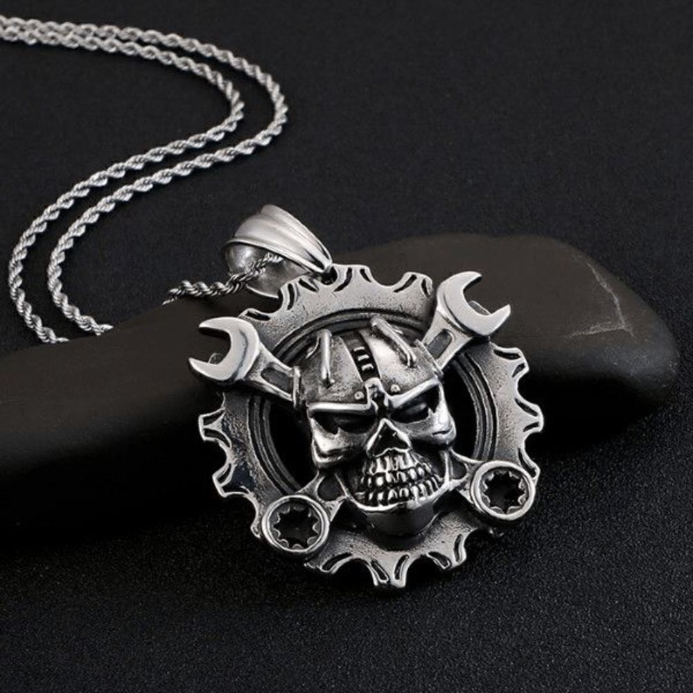 Skull Head on Wrench and Gear Stainless Steel Pendant Necklace
